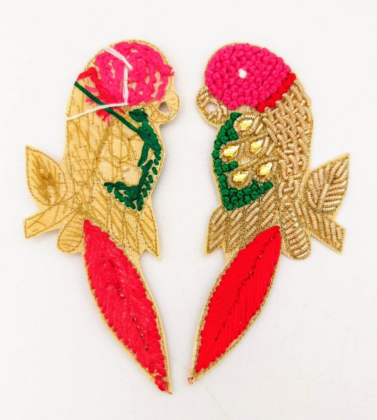 Hand Embroidered Bird Applique With Pink and Red Embroidery With Antique Gold Zardozi Work, Parrot Applique, Knot Embroidered Applique