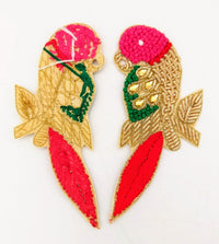 Thumbnail for Hand Embroidered Bird Applique With Pink and Red Embroidery With Antique Gold Zardozi Work, Parrot Applique, Knot Embroidered Applique