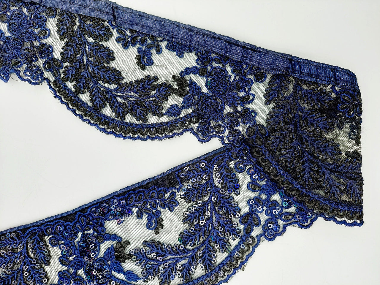 Black Net Scallop Lace Trim with Navy Blue Floral Embroidery With Sequins, Sari Border, Embroidered Trim