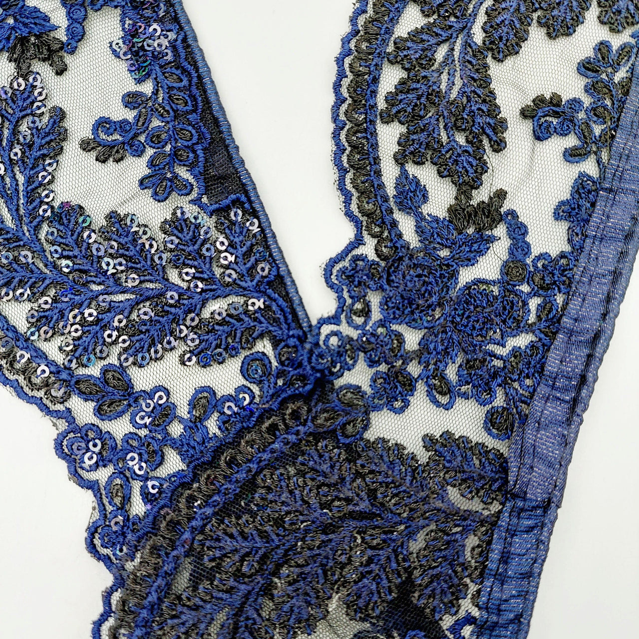 Black Net Scallop Lace Trim with Navy Blue Floral Embroidery With Sequins, Sari Border, Embroidered Trim