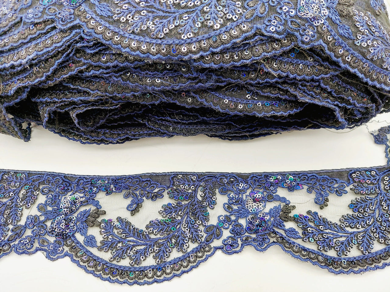Black Net Scallop Lace Trim with Navy Blue Floral Embroidery With Sequins, Sari Border, Embroidered Trim