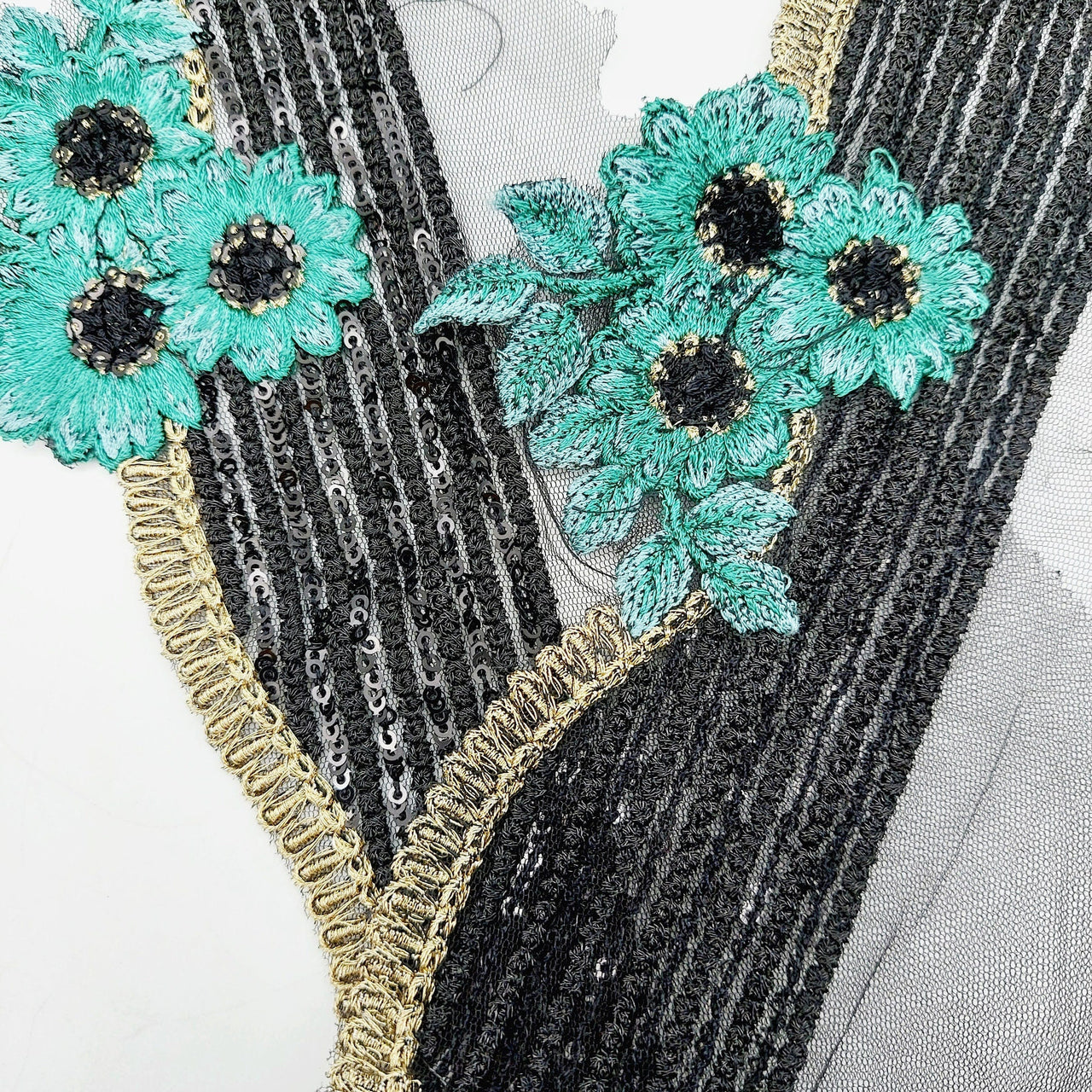 Black Net Scallop Cutwork Lace Trim with Blue Floral Embroidery With Sequins, Sari Border, Embroidered Trim