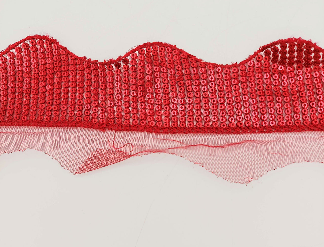Dark Red Net Scallop Lace Trim With Red Sequins, Decorative Trim, Bohemian Trim