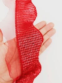 Thumbnail for Dark Red Net Scallop Lace Trim With Red Sequins, Decorative Trim, Bohemian Trim