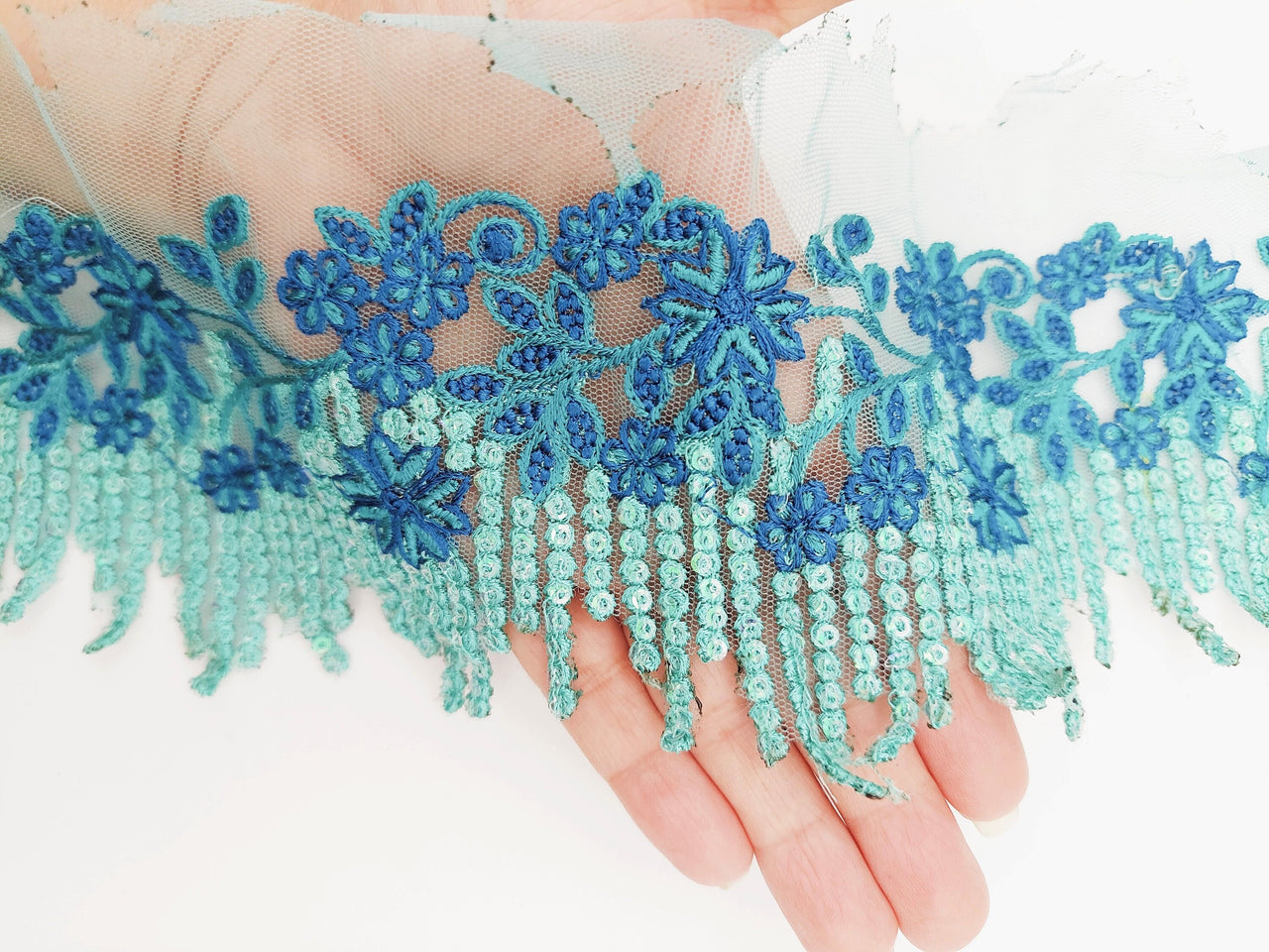 Cyan Blue Net Scallop Lace Trim with Navy Blue Floral Embroidery And Blue Sequins, Sari Border, Embroidered Trim
