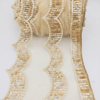 Thumbnail for Beige Net Scallop Lace Trim with Gold Sequins, Sari Border, Embroidered Trim
