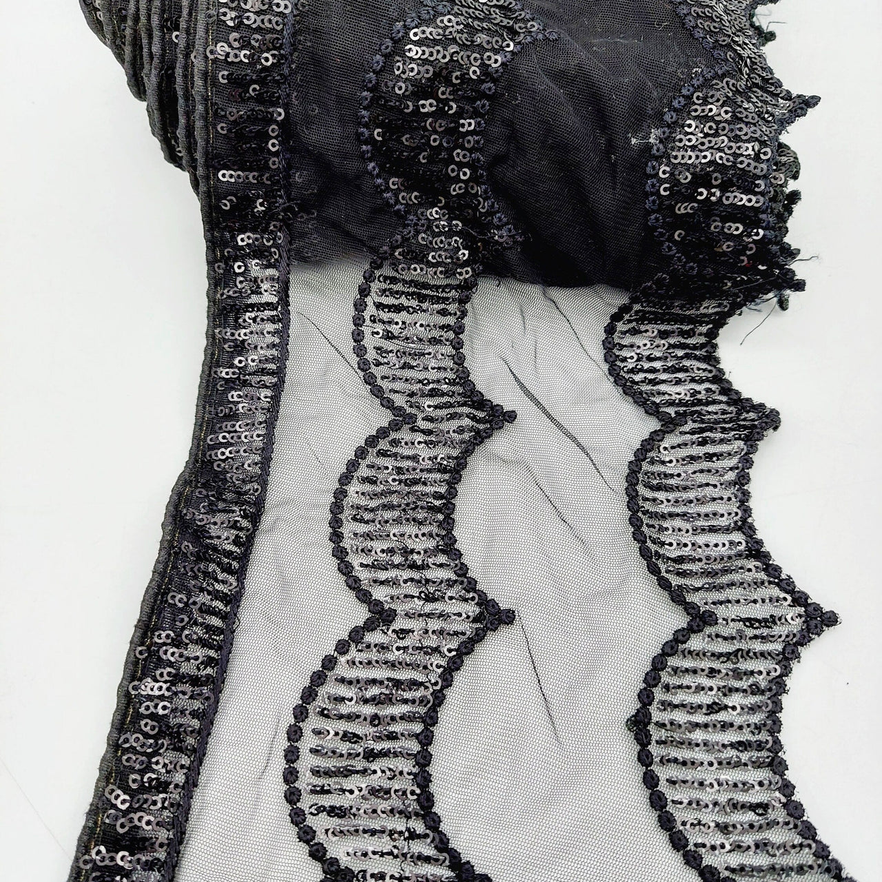 Black Net Scallop Lace Trim with Black Sequins, Sari Border, Embroidered Trim