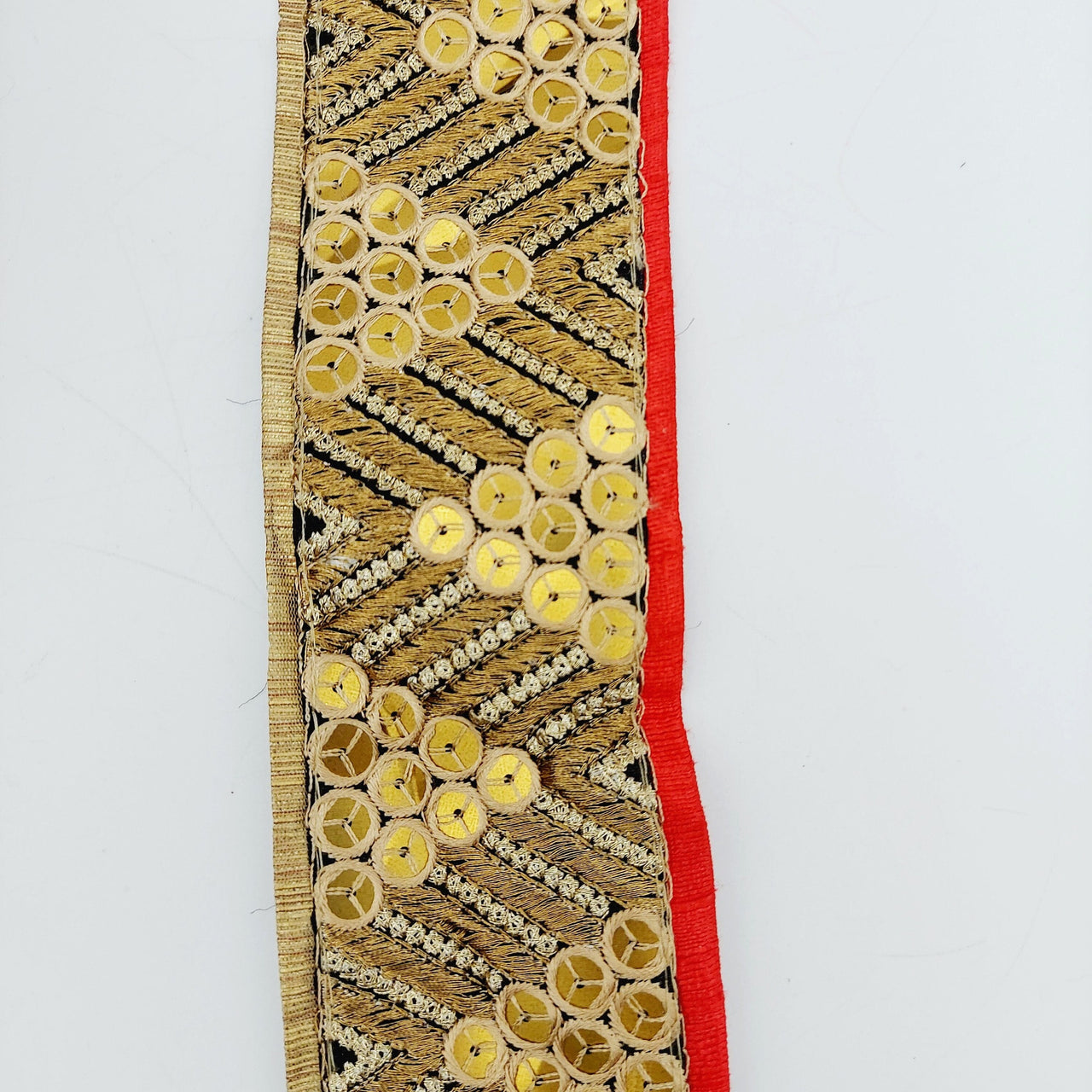 Indian Sari Trim, Black Art Silk Fabric With Gold Embroidery And Red Piping, Gold Sequins