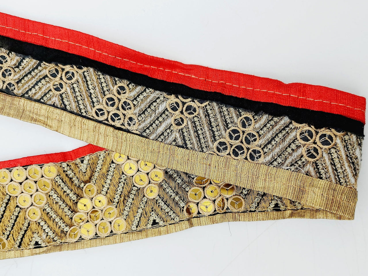 Indian Sari Trim, Black Art Silk Fabric With Gold Embroidery And Red Piping, Gold Sequins