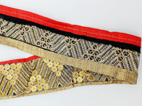 Thumbnail for Indian Sari Trim, Black Art Silk Fabric With Gold Embroidery And Red Piping, Gold Sequins