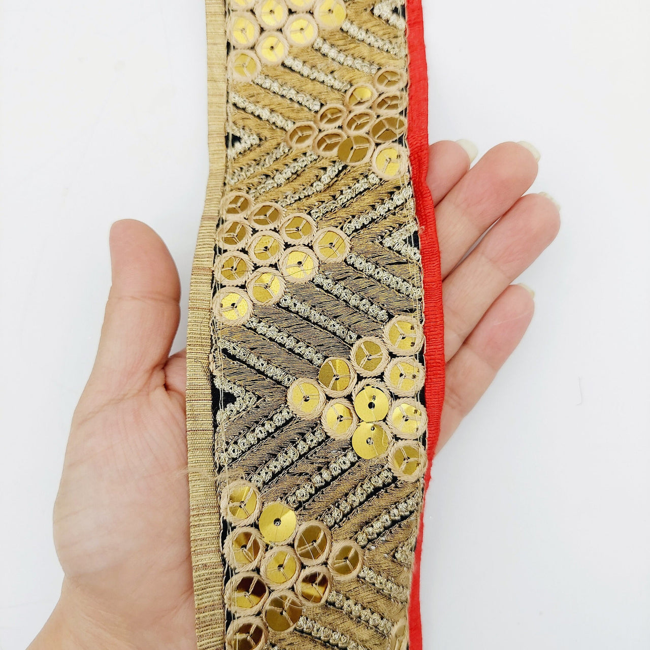 Indian Sari Trim, Black Art Silk Fabric With Gold Embroidery And Red Piping, Gold Sequins