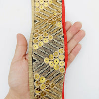 Thumbnail for Indian Sari Trim, Black Art Silk Fabric With Gold Embroidery And Red Piping, Gold Sequins