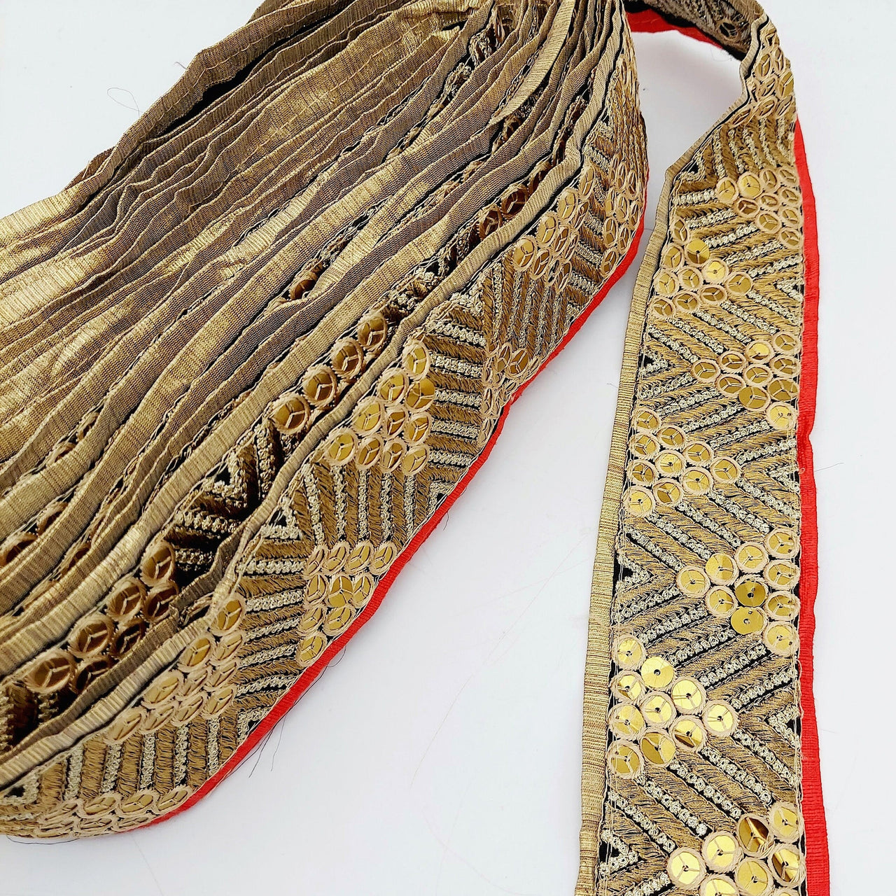 Indian Sari Trim, Black Art Silk Fabric With Gold Embroidery And Red Piping, Gold Sequins