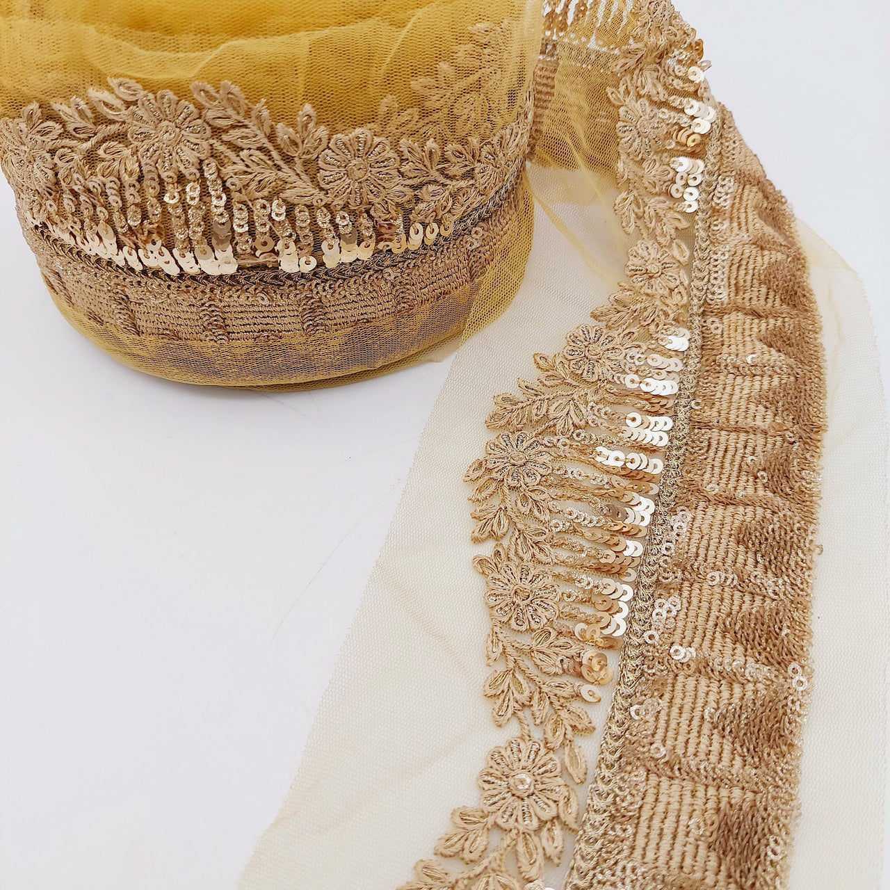 Gold Net Lace Trim with Floral Embroidery and Sequins, Sari Border, Embroidered Trim
