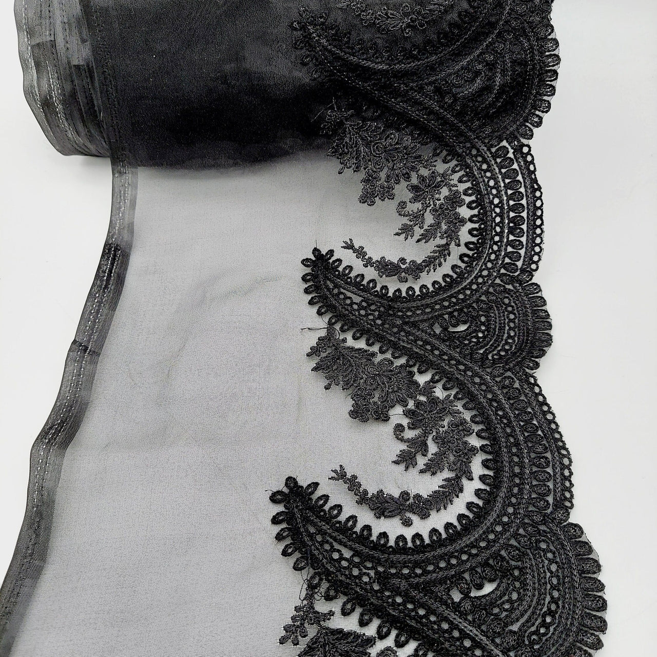 Black Organza Fabric Scalloped Cutwork Lace Trim with Floral Embroidery, Sari Border, Embroidered Trim