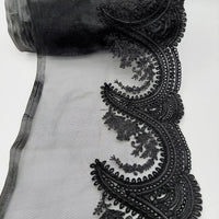 Thumbnail for Black Organza Fabric Scalloped Cutwork Lace Trim with Floral Embroidery, Sari Border, Embroidered Trim