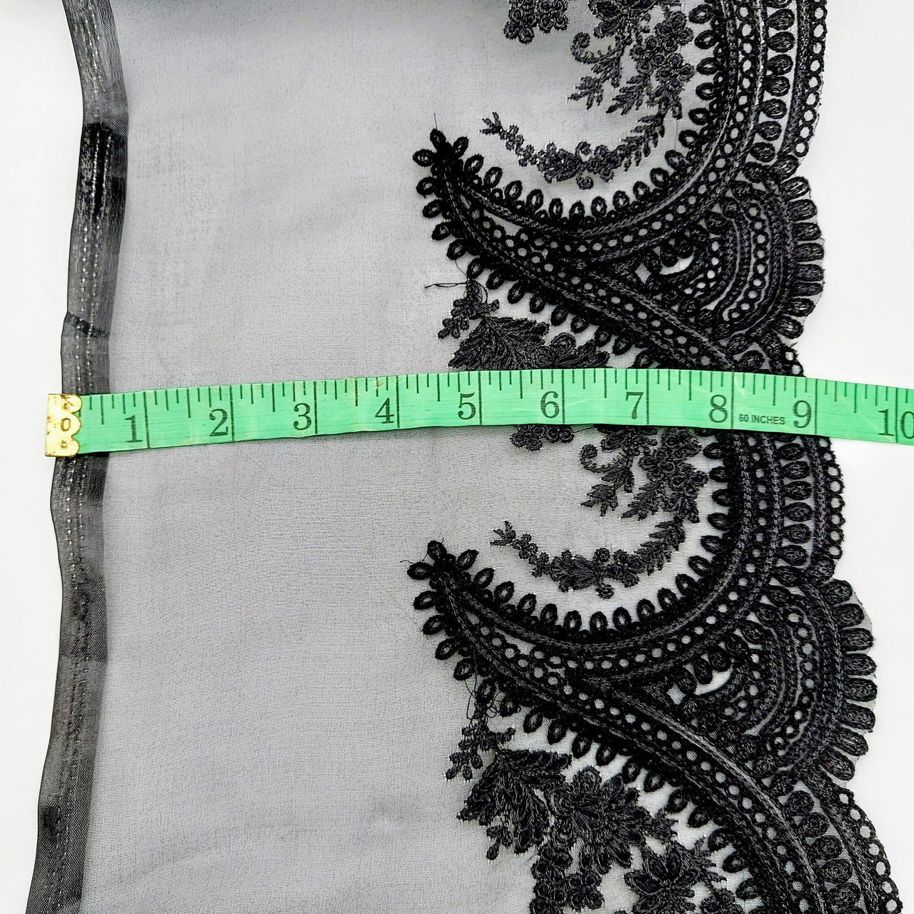 Black Organza Fabric Scalloped Cutwork Lace Trim with Floral Embroidery, Sari Border, Embroidered Trim