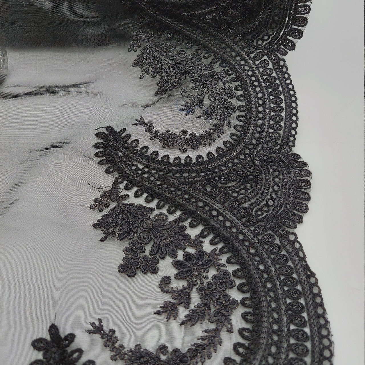Black Organza Fabric Scalloped Cutwork Lace Trim with Floral Embroidery, Sari Border, Embroidered Trim