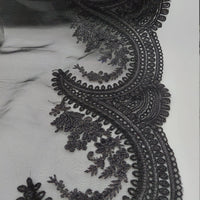 Thumbnail for Black Organza Fabric Scalloped Cutwork Lace Trim with Floral Embroidery, Sari Border, Embroidered Trim