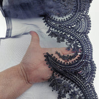 Thumbnail for Black Organza Fabric Scalloped Cutwork Lace Trim with Floral Embroidery, Sari Border, Embroidered Trim