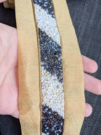 Thumbnail for Beige Fabric Trim With White And Metallic Grey Bugle Beads Embellishments, Beaded Trim, Saree Border