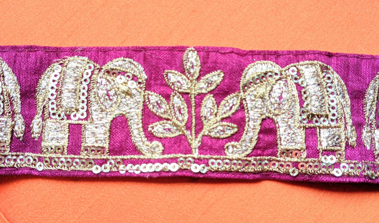Maroon Art Silk Fabric Trim With Intricate Elephant Embroidery Antique Gold, Saree Border, Lace Trim