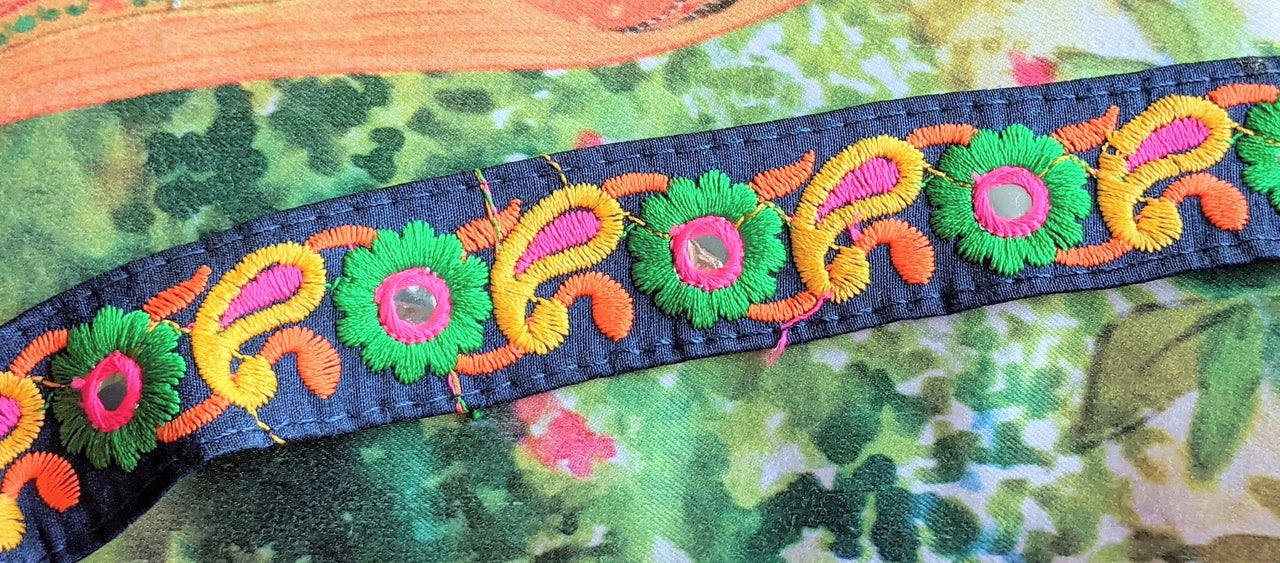 Navy Blue Floral Mirrored Trim With Green Flowers And Yellow Paisley Embroidery, Decorative Trimming, Trim By 3 Yards