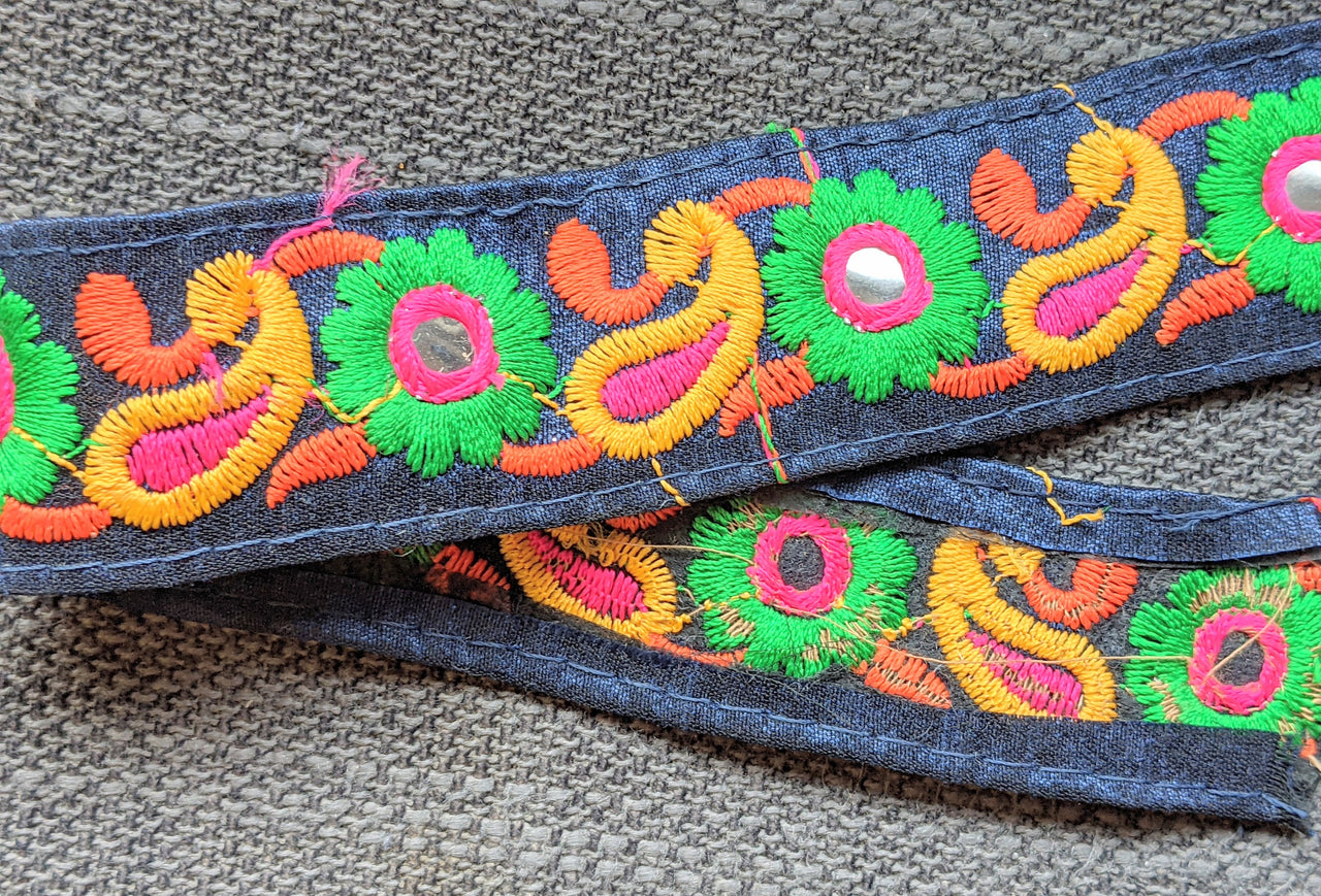Navy Blue Floral Mirrored Trim With Green Flowers And Yellow Paisley Embroidery, Decorative Trimming, Trim By 3 Yards