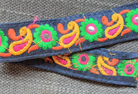 Thumbnail for Navy Blue Floral Mirrored Trim With Green Flowers And Yellow Paisley Embroidery, Decorative Trimming, Trim By 3 Yards