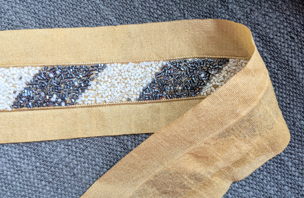 Beige Fabric Trim With White And Metallic Grey Bugle Beads Embellishments, Beaded Trim, Saree Border