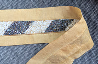 Thumbnail for Beige Fabric Trim With White And Metallic Grey Bugle Beads Embellishments, Beaded Trim, Saree Border