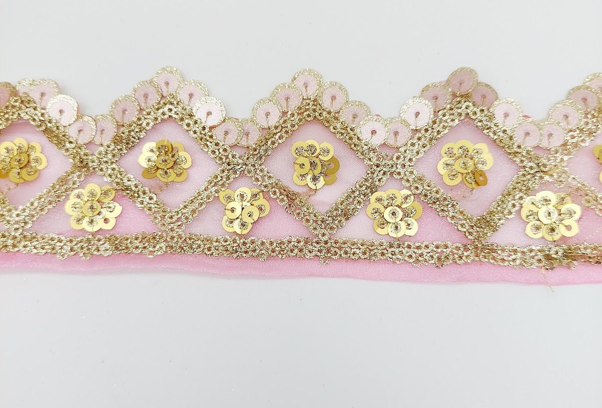 Pink Tissue Embroidered Trim, Gold Sequins Trim Decorative Lace Sari Border Costume Ribbon Crafting Sewing Tape, 1 yard