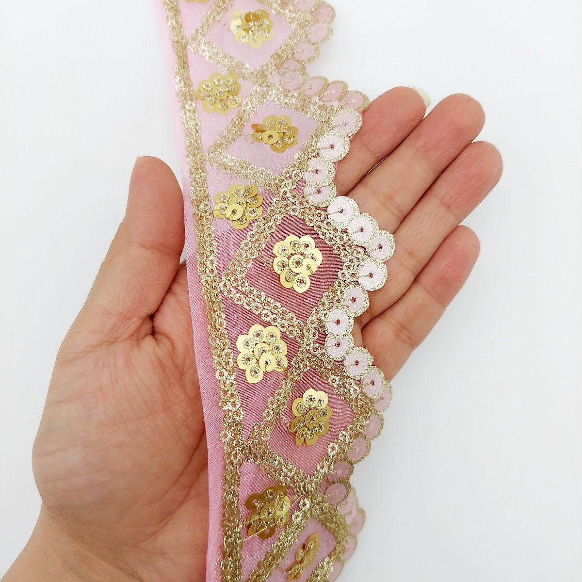 Pink Tissue Embroidered Trim, Gold Sequins Trim Decorative Lace Sari Border Costume Ribbon Crafting Sewing Tape, 1 yard