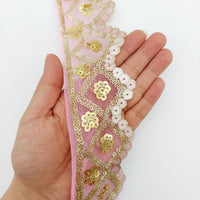 Thumbnail for Pink Tissue Embroidered Trim, Gold Sequins Trim Decorative Lace Sari Border Costume Ribbon Crafting Sewing Tape, 1 yard