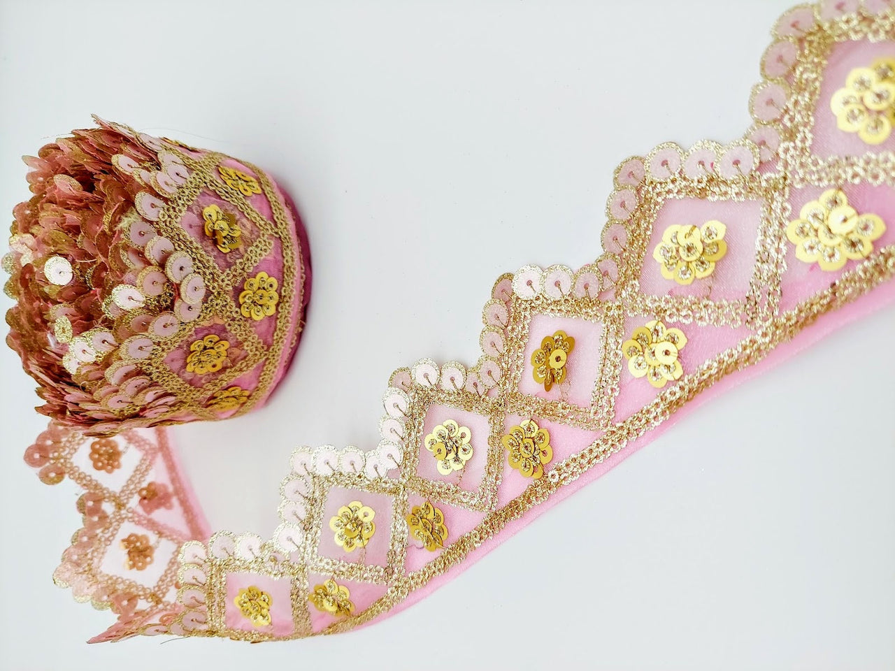 Pink Tissue Embroidered Trim, Gold Sequins Trim Decorative Lace Sari Border Costume Ribbon Crafting Sewing Tape, 1 yard