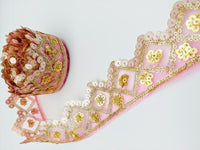 Thumbnail for Pink Tissue Embroidered Trim, Gold Sequins Trim Decorative Lace Sari Border Costume Ribbon Crafting Sewing Tape, 1 yard