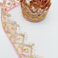 Thumbnail for Pink Tissue Embroidered Trim, Gold Sequins Trim Decorative Lace Sari Border Costume Ribbon Crafting Sewing Tape, 1 yard