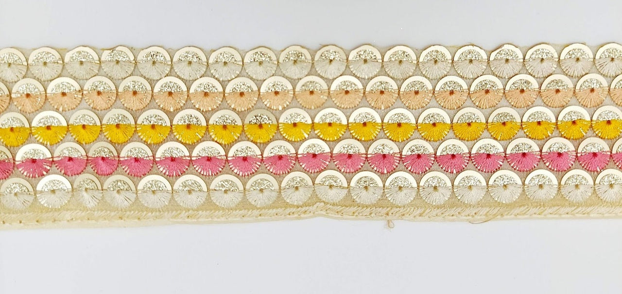 Multicoloured Embroidered Trim Sequins Trim Decorative Lace Sari Border Costume Ribbon Crafting Sewing Tape, Trim by Yard