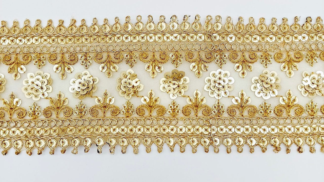 Gold Sequins Trim 2 Yards Decorative Embroidered Lace Sari Border Costume Ribbon Crafting Sewing Tape