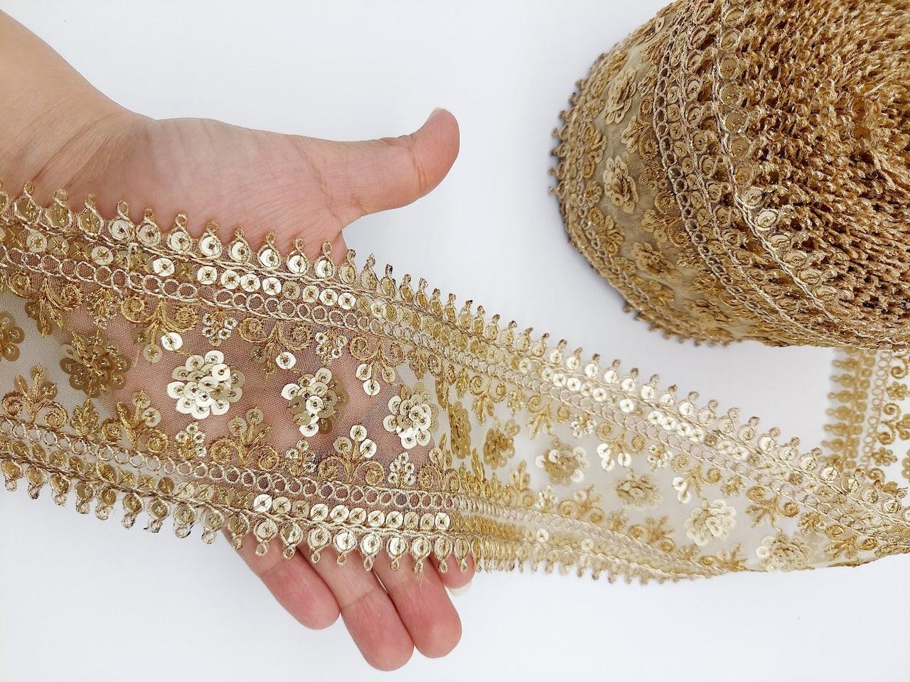 Gold Sequins Trim 2 Yards Decorative Embroidered Lace Sari Border Costume Ribbon Crafting Sewing Tape
