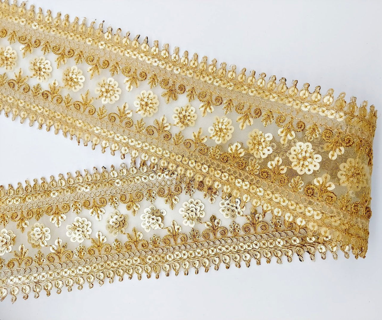 Gold Sequins Trim 2 Yards Decorative Embroidered Lace Sari Border Costume Ribbon Crafting Sewing Tape