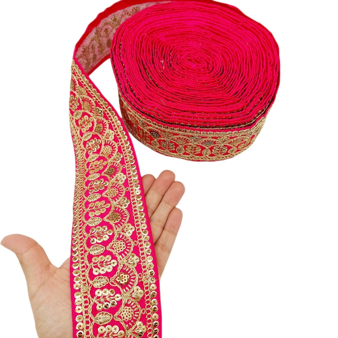 2 Yards Dark Pink Gold Embroidered Lace Trim Sequins Trim Decorative Sari Border Costume Ribbon Crafting Sewing Tape