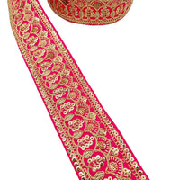 Thumbnail for 2 Yards Dark Pink Gold Embroidered Lace Trim Sequins Trim Decorative Sari Border Costume Ribbon Crafting Sewing Tape