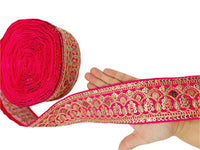 Thumbnail for 2 Yards Dark Pink Gold Embroidered Lace Trim Sequins Trim Decorative Sari Border Costume Ribbon Crafting Sewing Tape