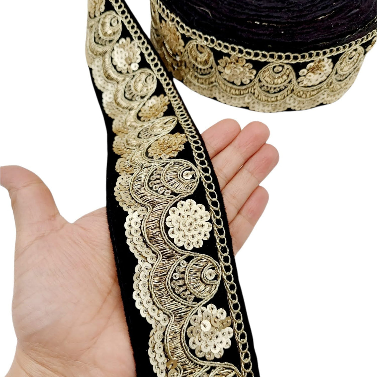 Embroidered Velvet Fabric Trim Sequins Lace Sewing Trimming Sari Trim Indian Border, Trim By Yard