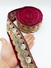 Thumbnail for 9 Yards Embroidered Velvet Fabric Trim Sequins Lace Sewing Trimming Sari Trim Indian Border