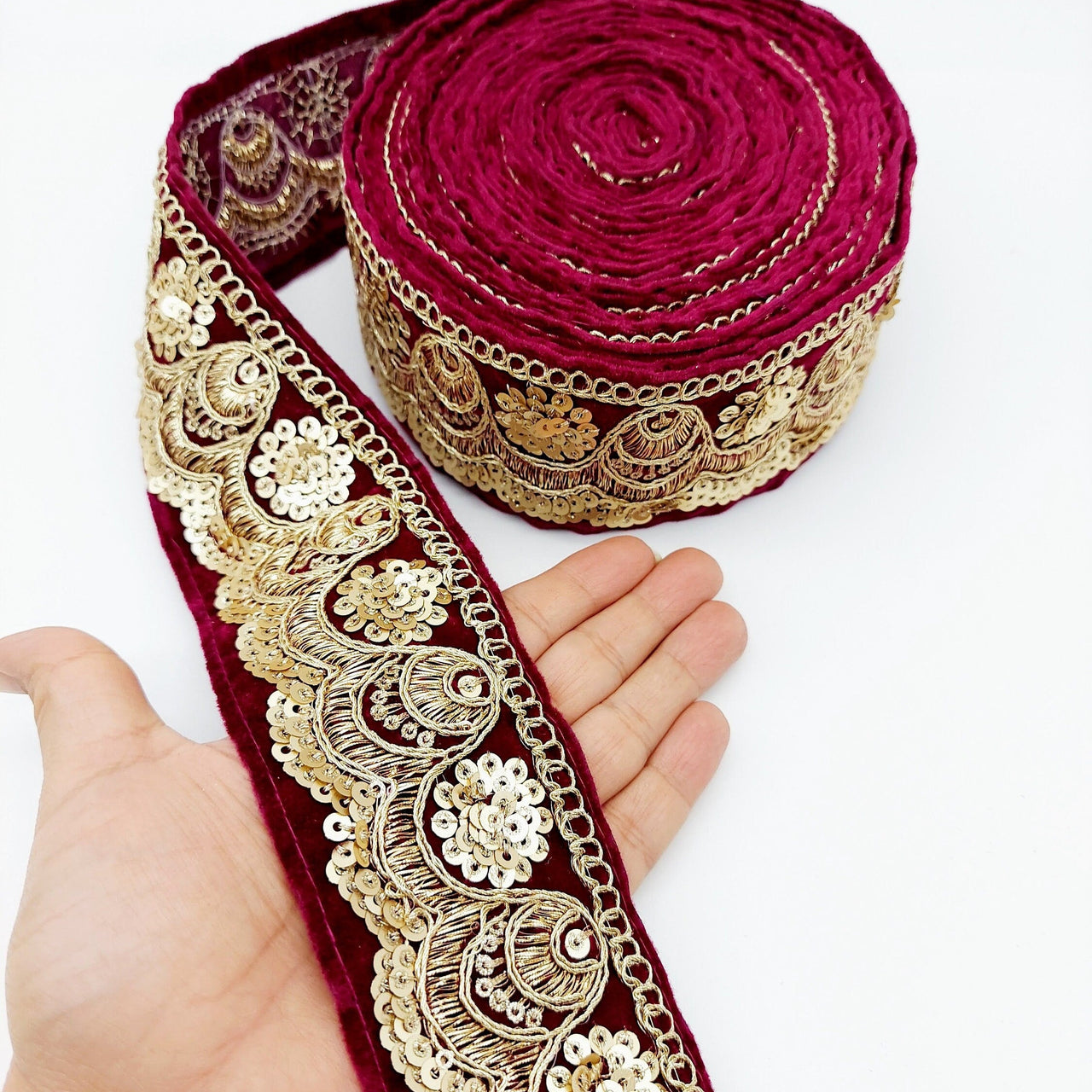 Embroidered Velvet Fabric Trim Sequins Lace Sewing Trimming Sari Trim Indian Border, Trim By Yard