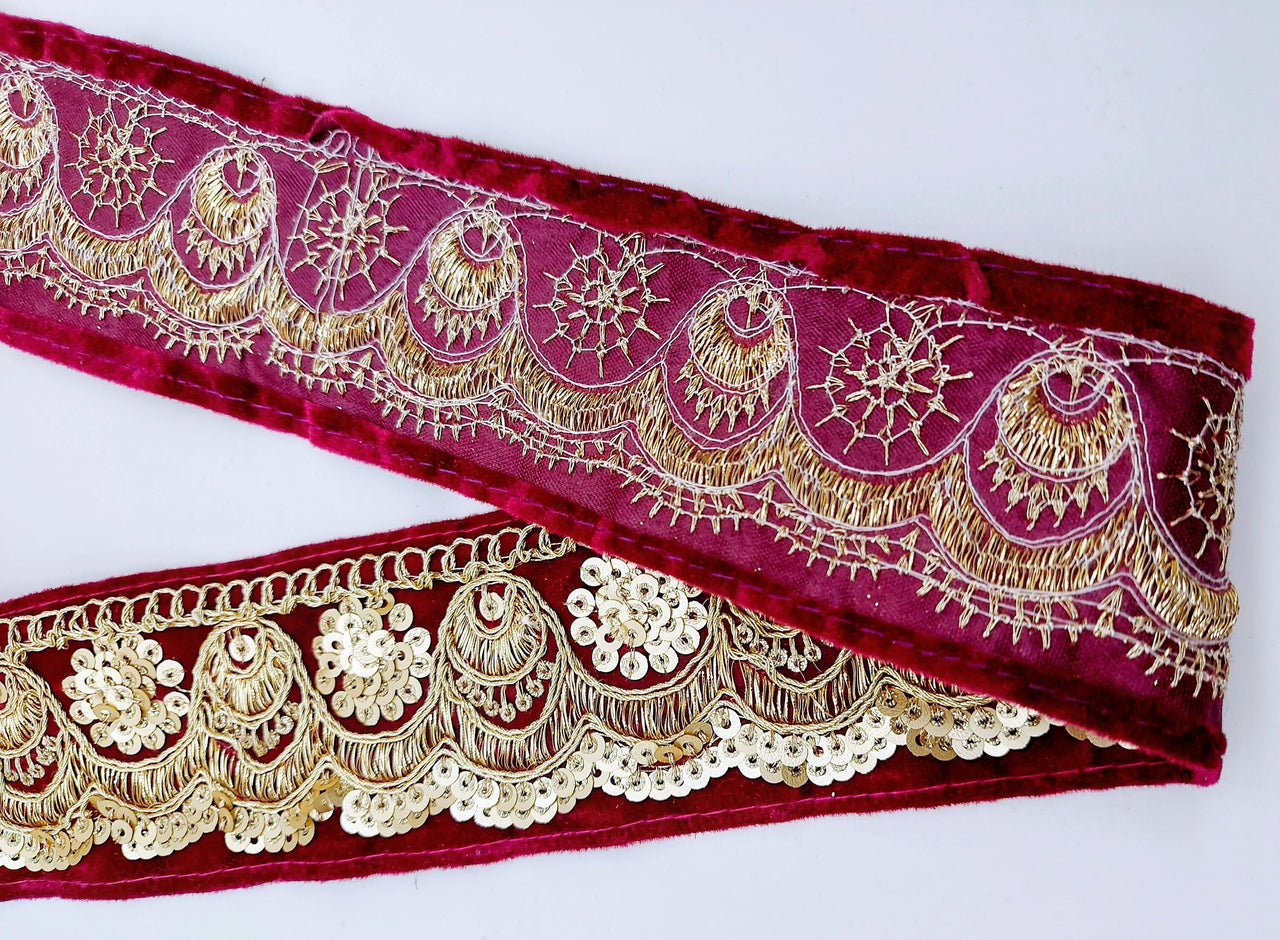 Embroidered Velvet Fabric Trim Sequins Lace Sewing Trimming Sari Trim Indian Border, Trim By Yard