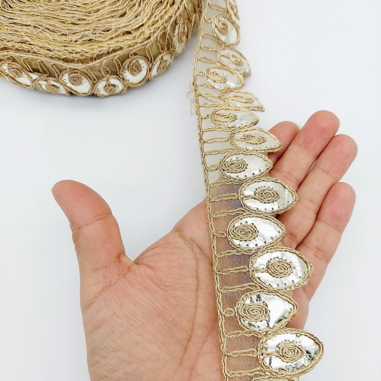 9 Yards Sheer Gold Tissue Fabric Scalloped Lace Trim with Indian Gold Foil Work Gota Patti Sari Border