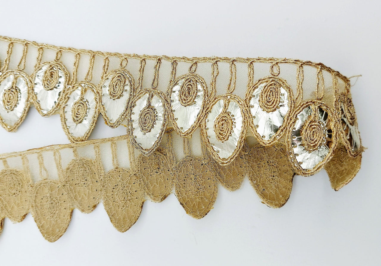 9 Yards Sheer Gold Tissue Fabric Scalloped Lace Trim with Indian Gold Foil Work Gota Patti Sari Border